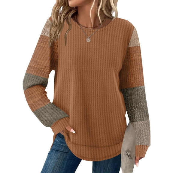 Hogleaql Women's Long Sleeve Crew Neck T Shirt Cozy Casual Tunic Tops Plaid Striped Print Pullover Dressy Fall Shirt Brown S