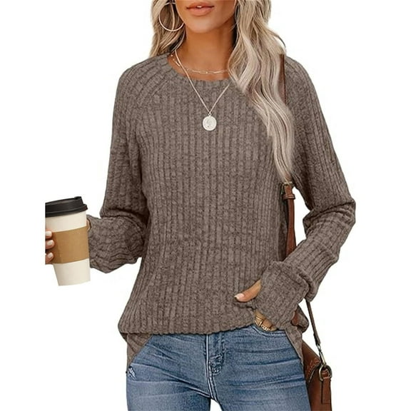 Hogleaql Women's Long Sleeve Shirts Crew Neck Tunic Soft Fall Winter Tops Solid Color Loose Trendy T Shirts Lightweight Pullover Blouses Coffee M
