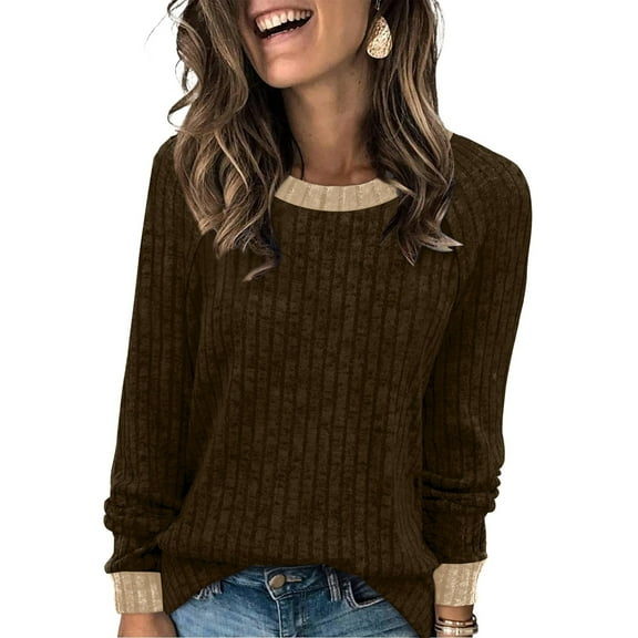 Hogleaql Women's Long Sleeve Shirts Crewneck Tunic Comfy Fall Winter Tops Solid Color Loose Fit Fashion Tees Lightweight Pullover Blouses Brown S