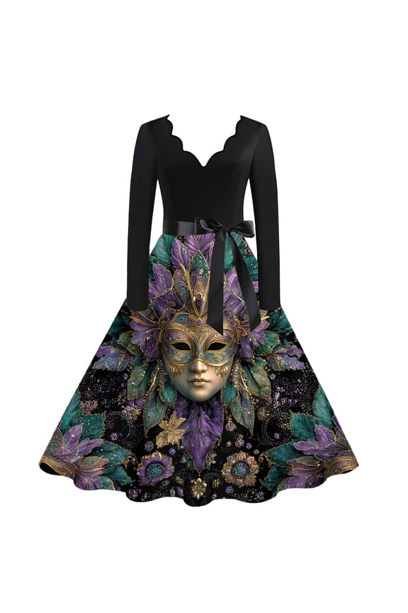 Women's Mardi Gras Dress Retro V Neck Long Sleeve A-Line Carnival Themed Party Graphic Midi Dress Swing Belted Cozy Dressy Outfit Bronze 2XL