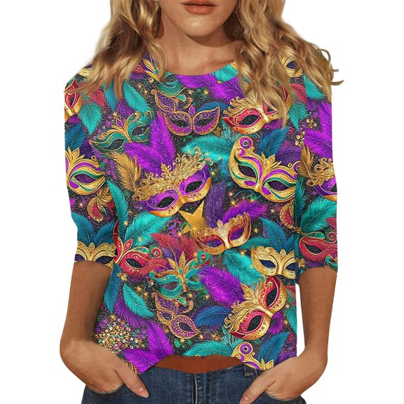 Hogleaql Women's Mardi Gras Tops Three Quarter Sleeves Crew Neck Loose Fit Tops Carnival Mask Graphic Pullover Dressy Soft Shirt Tunic Blouses Light Blue S