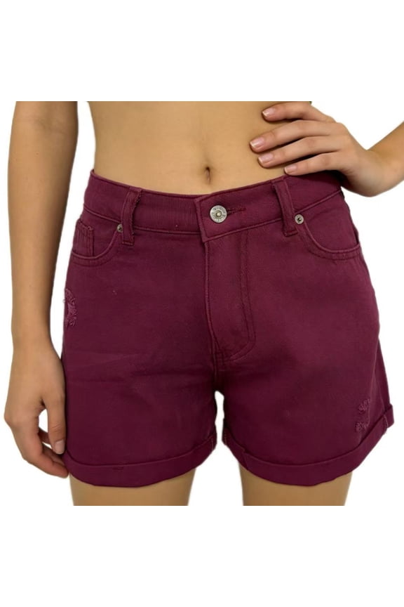 Women's Ripped Distressed Denim Shorts Stretchy Summer High Waisted Lightweight Ripped Rolled Denim Shorts Casual Button Jorts with Pockets Purple S