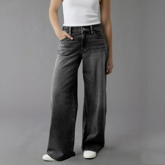 Hogleaql Women's Soft Mid-Rise Wide Leg Jeans Trendy Lightweight Stretchy Straight Leg Button Denim Jeans with Pockets Oversized Pants Dark GrayM