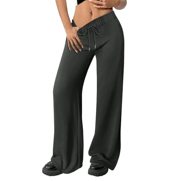 Hogleaql Women's Straight Leg High Rise Sweat Pants Casual Drawstring Baggy Pants Trendy Palazzo Sweatpants Solid Comfortable Long Trousers Dark Gray L