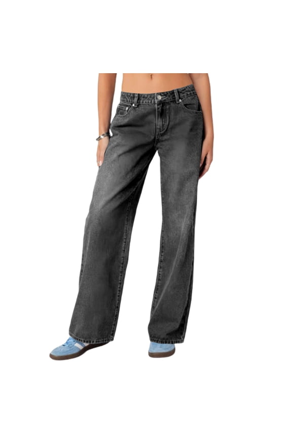 Women's Straight Legg Low Waist Dressy Y2k Stretchy Straight Leg Button Denim Jeans with Pockets Loose Fit Trousers Black XL