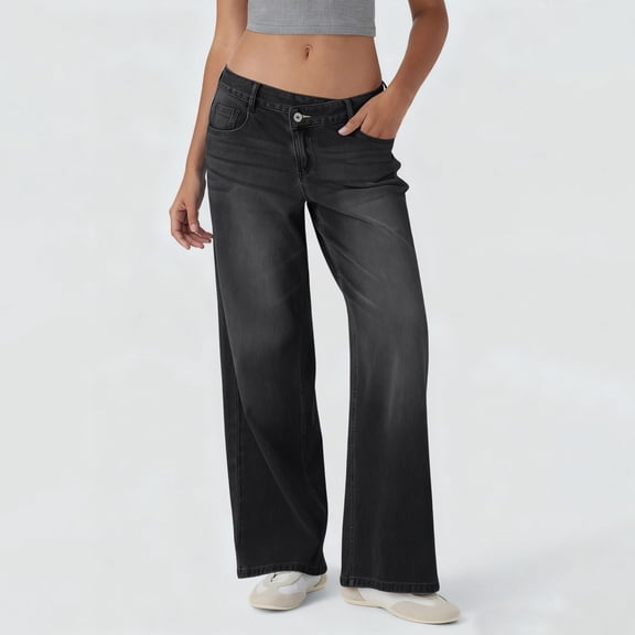 Hogleaql Women's Straight Legg Low Waist Dressy Y2k Stretchy Straight Leg Button Denim Jeans with Pockets Oversized Pants Black S