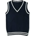 thumbnail image 1 of Hogleaql Women's Stripe Cable Knit Sweater Vest Stripe Casual Sleeveless V-Neck Knitted Sweaters Dressy Loose Pullover Soft Thermal Fall Fit Business Knitwear Dark Blue M, 1 of 2