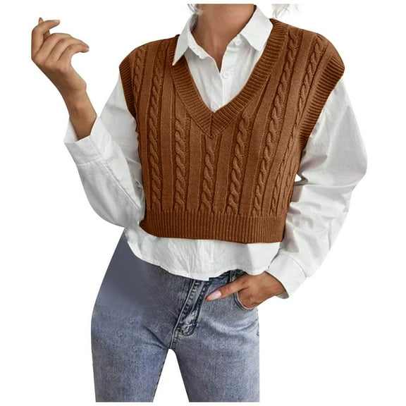 Hogleaql Women's Stripe Sweater Vest Stripe Casual Sleeveless V Neck Cable Knit Sweaters Trendy Loose Pullover Comfy Thermal Fall Fit Business Knitwear Brown S