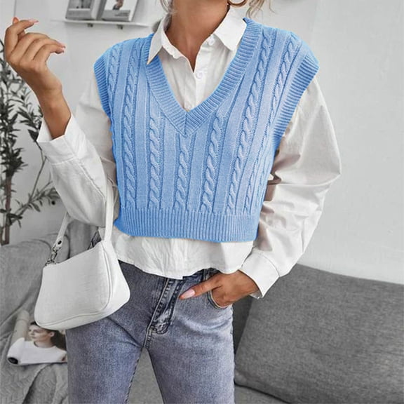 Hogleaql Women's Sweater Vest Crop Casual Sleeveless V-Neck Cable Knit Sweaters Trendy Loose Pullover Comfortable Thermal Fall for Fall Winter Sky Blue X3XL