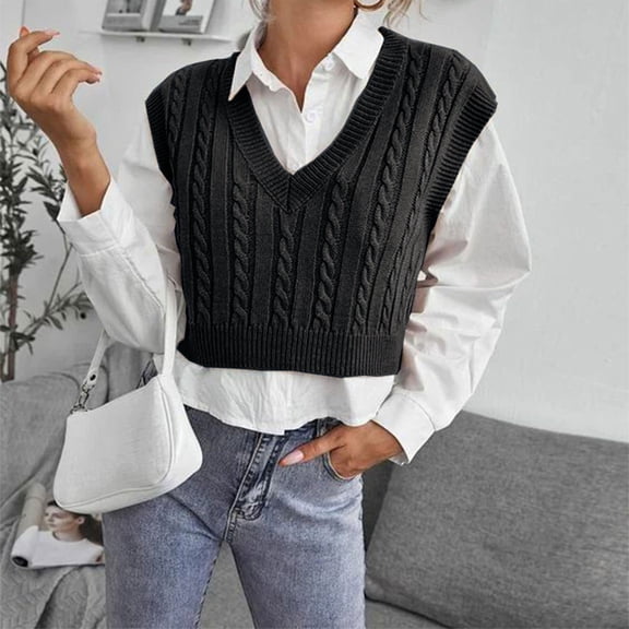 Hogleaql Women's Sweater Vest Crop Casual Sleeveless V-Neck Cable Knit Sweaters Trendy Oversized Pullover Soft Warm Fall Fit Business Knitwear Black X3XL