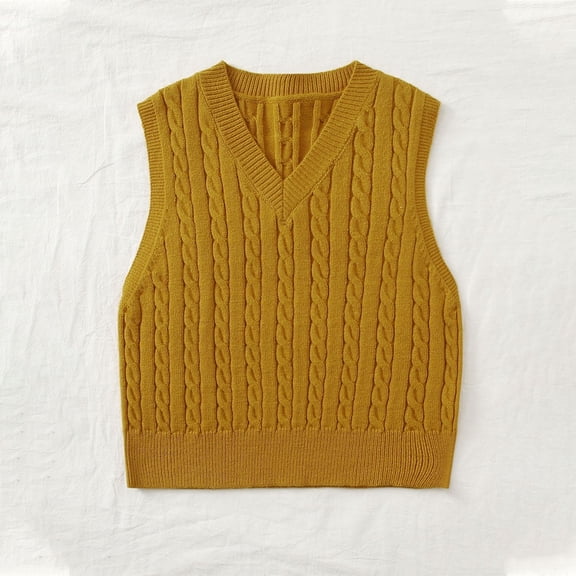 Hogleaql Women's Sweater Vest Stripe Casual Sleeveless V Neck Knitted Sweaters Fashion Loose Fit Pullover Warm Fall for Fall Winter Ginger L