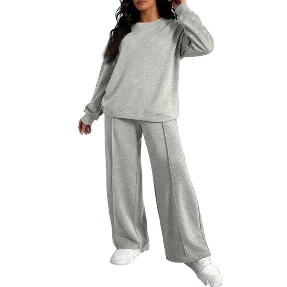 Hogleaql Women's Sweatsuits Long Sleeve Lounge Drawstring Sweatshirt Wide Leg Sweatpants Solid Color Loose Fit Outfits Fashion Winter Tracksuit with Pockets 2025 Beige M