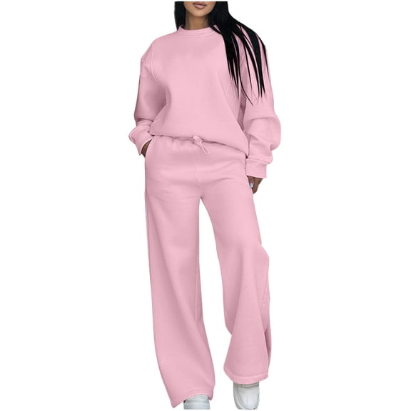 Hogleaql Women's Sweatsuits Long Sleeve Lounge Drawstring Sweatshirt Wide Leg Sweatpants Solid Color Loose Outfits Dressy Fall Winter Tracksuit with Pockets 2025 Fluorescent Green L