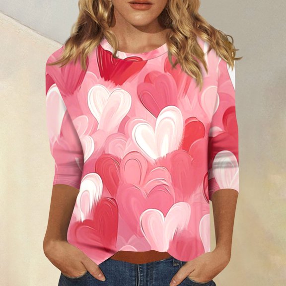 Hogleaql Women's Valentine's Day T-Shirts 3/4 Sleeve Crew Neck Tee Shirts Fashion Love Heart Printed Top Vacation Loose Soft Tee Tops Light pink 2XL