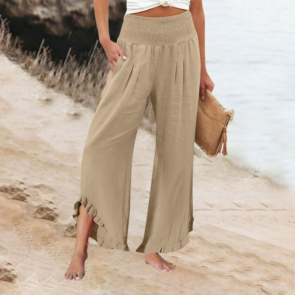 Hogleaql Women's Wide Leg Beach Pants Soft Elastic Waist Ruffle Flowy Pants Lounge Palazzo Baggy Summer Beach Trousers with Pockets Light Brown S