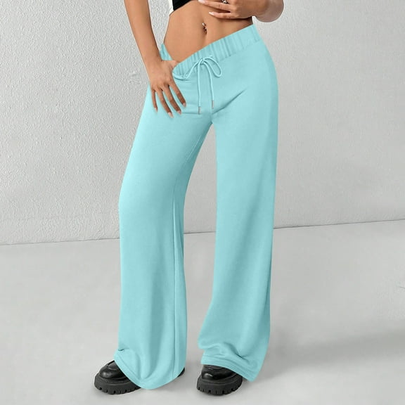 Hogleaql Women's Wide Leg Sweatpants High Waisted Casual Drawstring Baggy Pants Dressy Palazzo Sweatpants Solid Loose Long Trousers Cyan XL