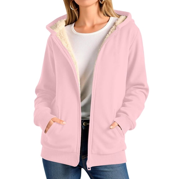 Hogleaql Women's Winter Warm Fleece Jackets Soft Long Sleeve Warm Lightweight Jacket Thick Loose Solid Color Outwear Winter Dressy Coat Pockets Pink M