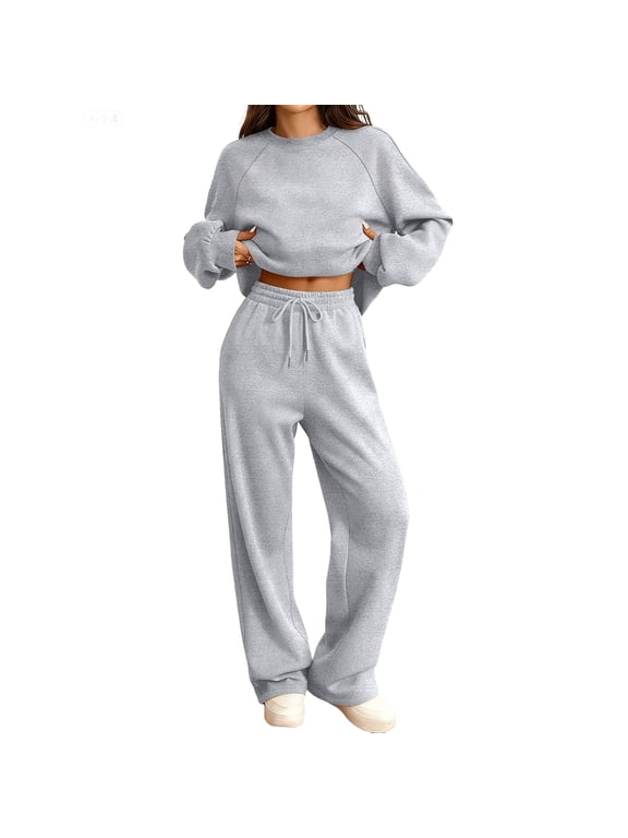 Womens 2 Piece Outfits Plus Size Sweatsuit Long Sleeve Lounge Drawstring Sweatshirt Wide Leg Athletic Pants Solid Loose Outfits Dressy Winter Matching Sets with Pockets 2025 Army Green L