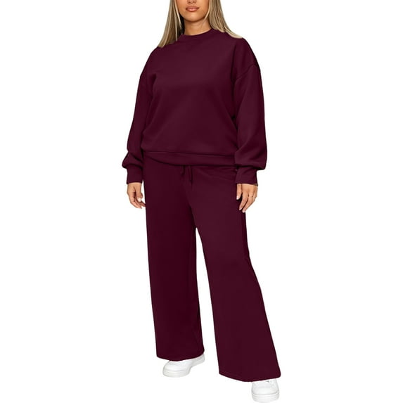 Hogleaql Womens 2 Piece Outfits Plus Size Sweatsuit Long Sleeve Lounge Drawstring Sweatshirt Wide Leg Sweatpants Solid Color Loose Fit Outfits Fashion Fall Winter Tracksuit with Pockets 2025 Wine XL