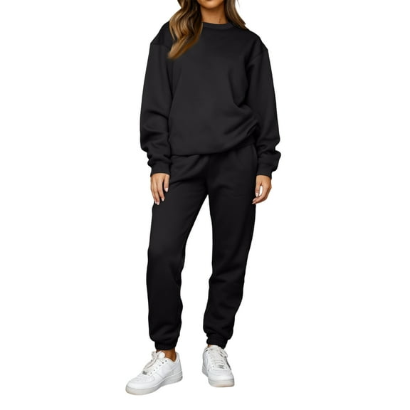 Hogleaql Womens 2 Piece Outfits Plus Size Sweatsuit Lounge Drawstring Long Sleeve Sweatshirt Wide Leg Sweatpants Matching Sets with Pockets Solid Color Loose Trendy 2025 Fall Winter Outfits Black M