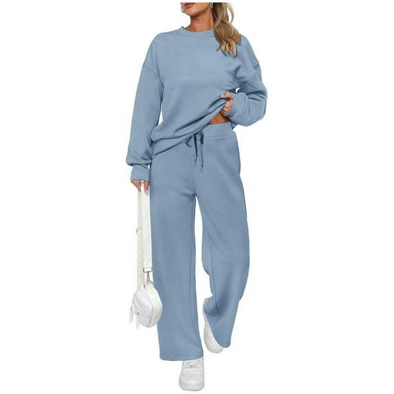 Hogleaql Womens 2 Piece Plus Size Lounge Sweatsuits Sets Drawstring Long Sleeve Sweatshirt Wide Leg Sweatpants Matching Sets with Pockets Solid Loose Fit Trendy 2025 Fall Winter Outfits Sky Blue 2XL