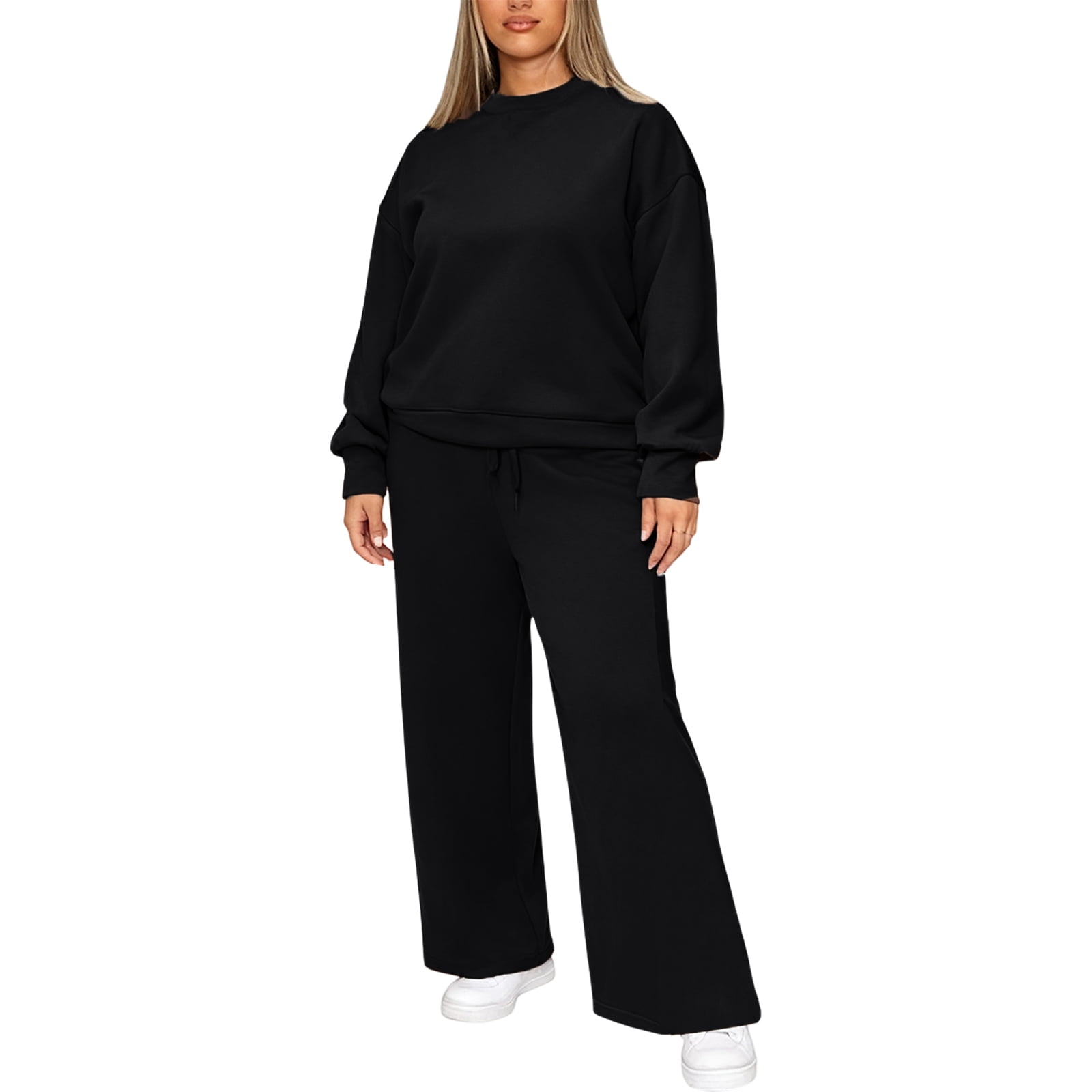 Womens 2 Piece Plus Size Lounge Sweatsuits Sets Long Sleeve Drawstring Sweatshirt Wide Leg Sweatpants Solid Color Loose Outfits Dressy Fall Winter Matching Sets with Pockets 2025 Black 2XL