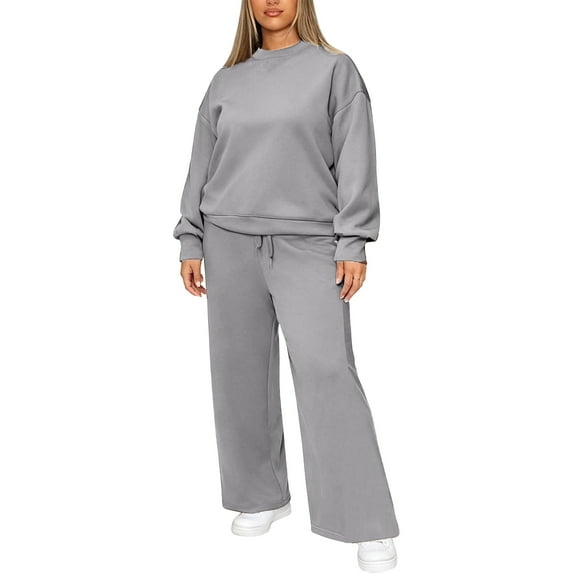 Hogleaql Womens 2 Piece Plus Size Lounge Sweatsuits Sets Long Sleeve Drawstring Sweatshirt Wide Leg Sweatpants Solid Color Loose Outfits Fashion Fall Winter Tracksuit with Pockets 2025 Light Gray 3XL