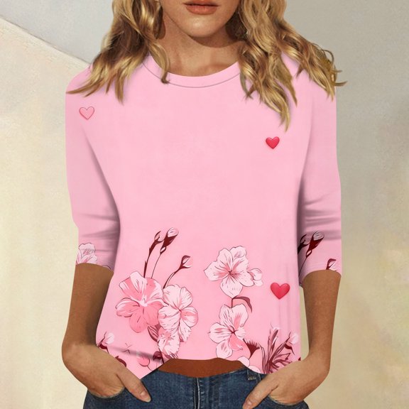 Hogleaql Womens 3/4 Sleeve Crewneck T-Shirts Valentine's Day Shirts Fashion Love Heart Printed Top Casual Loose Comfy Tee Tops Hot Pink S