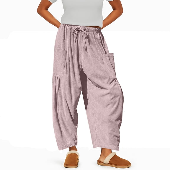 Hogleaql Womens Barrel Wide Leg Pants Barrel Corduroy Elastic Waist Baggy Fall Pants Cozy Beach Travel Fashion Loose Loose Trouser with Pockets Pink 2XL