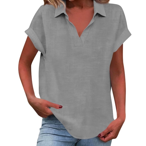 Hogleaql Womens Blouses Spring Tops Summer V Neck Short Sleeve Lapel Dressy Shirts Casual Vacation Loose Fit Blouses Cozy Solid Color Clothes Gray M