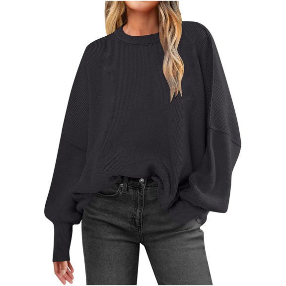 Hogleaql Womens Crew Neck Sweaters Oversized Batwing Long Sleeve Knitted Fall Soft Jumper Tops Dressy Warm Loose Fit Pullover Solid Color Sweater Black M