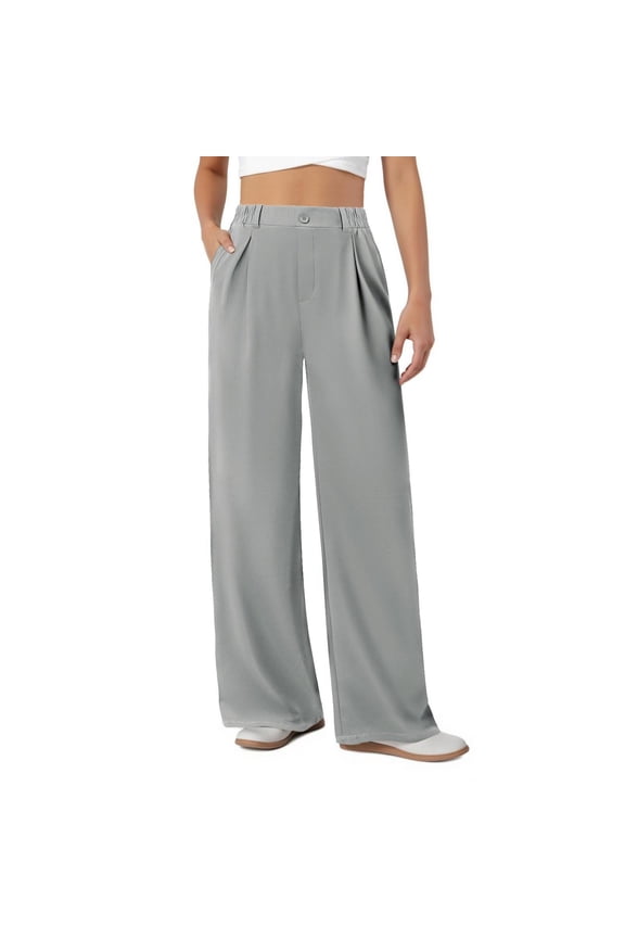 Womens Dress Pants Stretchy Fashion Straight Leg Work Trousers High Waisted Stretchy with Pockets Palazzo Business Loose Fit Pants Light Gray M