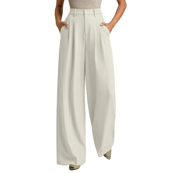 Hogleaql Womens Dress Pants Wide Leg Pull on Stretchy Work Pants Trendy High Waisted Baggy Work Palazzo Pants Loose Flowy Trousers with Pockets Slacks Button Casual White S