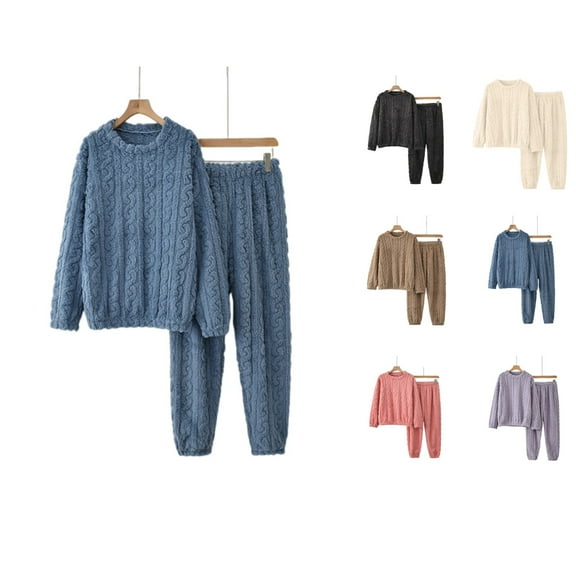 Hogleaql Womens Fleece Fluffy Comfortable Cozy Pajama Set Comfortable Fluffy Thermal Fleece Pullover Ribbed Sleepwear Set Thickened Plush Loose Winter Lightweight Casual Pjs Two Piece Dark Blue