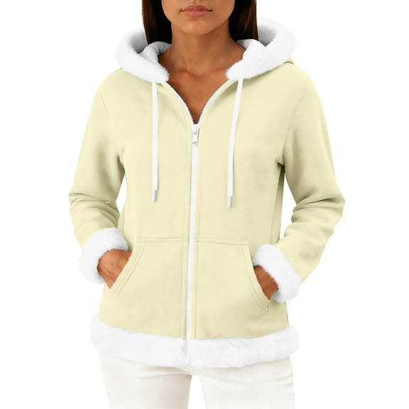 Hogleaql Womens Fuzzy Hoodies Comfy Long Sleeve Full Zip Drawstring Plush Hoodie Fuzzy Flannel Sweatshirts Thermal Trendy Loose Fit Hooded with Pockets 2025 Winter Outwear Beige M