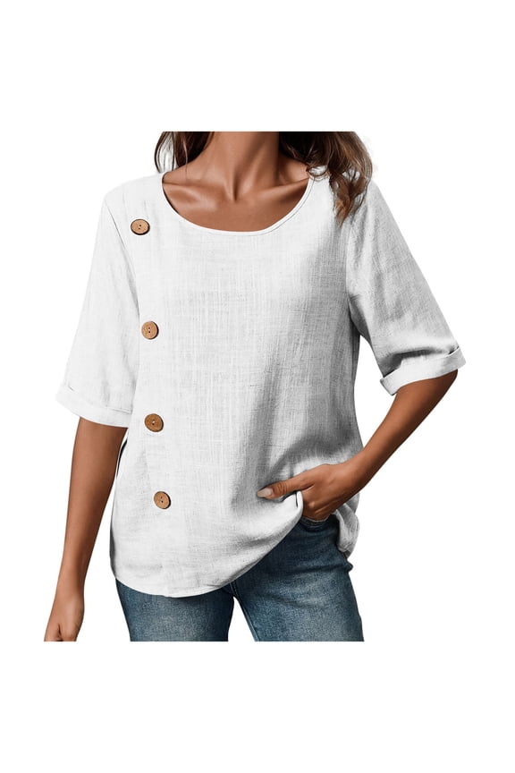 Womens Half Sleeve Tops Comfy Crew Neck Cotton Linen Dressy Shirts Boho Casual Loose Solid Blouse White 2XL