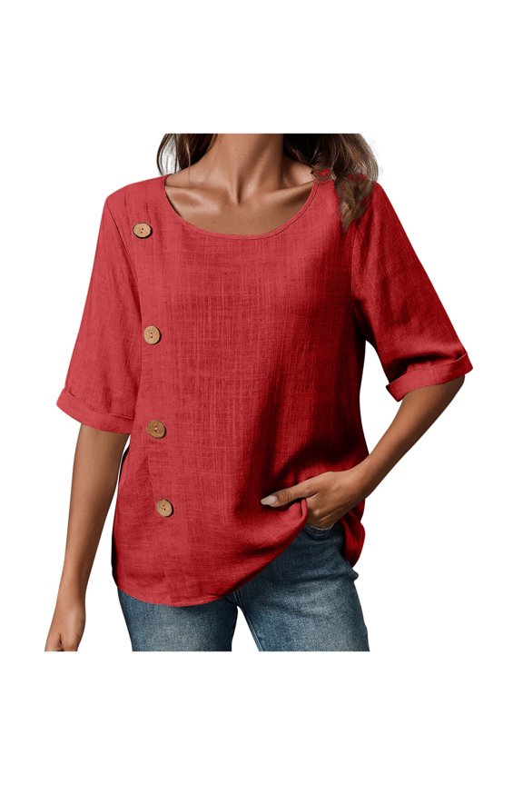 Womens Half Sleeve Tops Soft Crew Neck Cotton Linen Trendy Shirts Boho Relaxed Fit Loose Solid Blouses Red 2XL