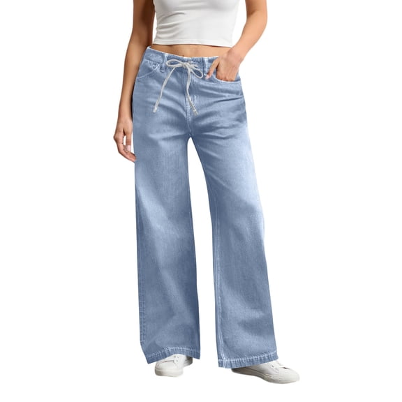 Hogleaql Womens Jeans - High Waisted Straight Legg Fashion Y2k Stretchy Wide Leg Button Denim Jeans with Pockets Baggy Trousers Sky BlueXXL