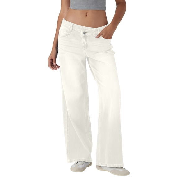 Hogleaql Womens Jeans - Low Waisted Straight Legg Trendy Lightweight Stretchy Straight Leg Button Denim Jeans with Pockets Baggy Trousers White M