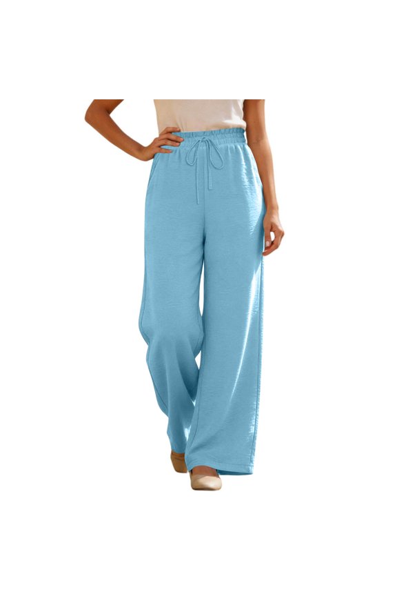 Womens Linen Pants Comfortable Wide Leg Drawstring Waist Trendy Culottes Casual Palazzo Loose Fit Summer Beach Trousers with Pockets Sky Blue XL
