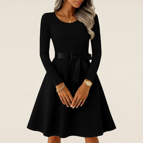 Hogleaql Womens Long Sleeve Dress A-Line Plus Size Swing Crew Neck with Belt Dress Solid Zip Up Back Holiday Party Vintage Dressy Spring Fall Skirts Black 2XL