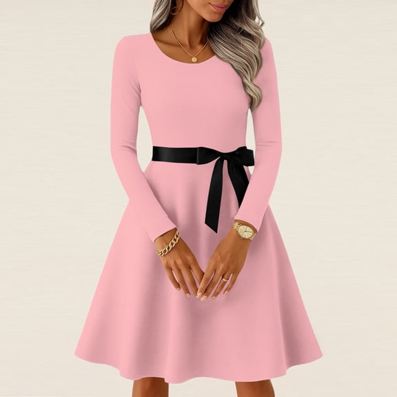Hogleaql Womens Long Sleeve Dress A-Line Plus Size Swing Round Neck Bow Belt Dress Solid Color Back Zipper Holiday Retro Trendy Spring Fall Skirts Pink M