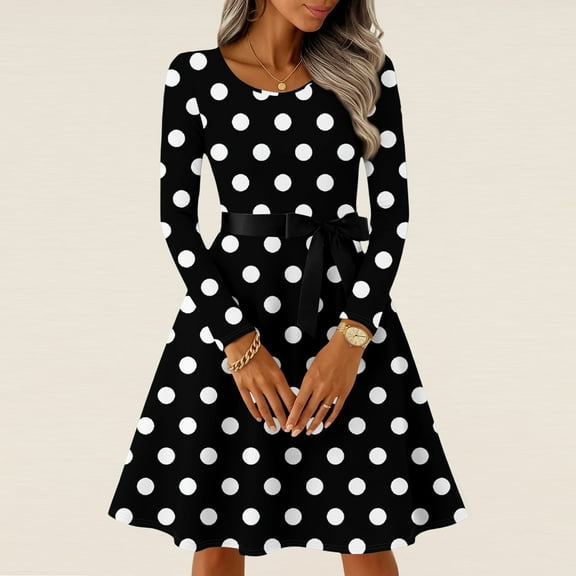 Hogleaql Womens Long Sleeve Dress Crewneck Dressy A-Line Plus Size Swing Dress Floral Gradient Printed Lightweight Midi Length Retro Fall Winter Soft Ruffle Bow Tie Skirts Black L