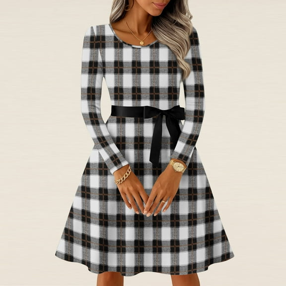 Hogleaql Womens Long Sleeve Dress Crewneck Trendy A-Line Plus Size Swing Dress Checkered Striped Print Lightweight Midi Length Retro Fall Comfy Flowy Bow Tie Skirts Black 2XL