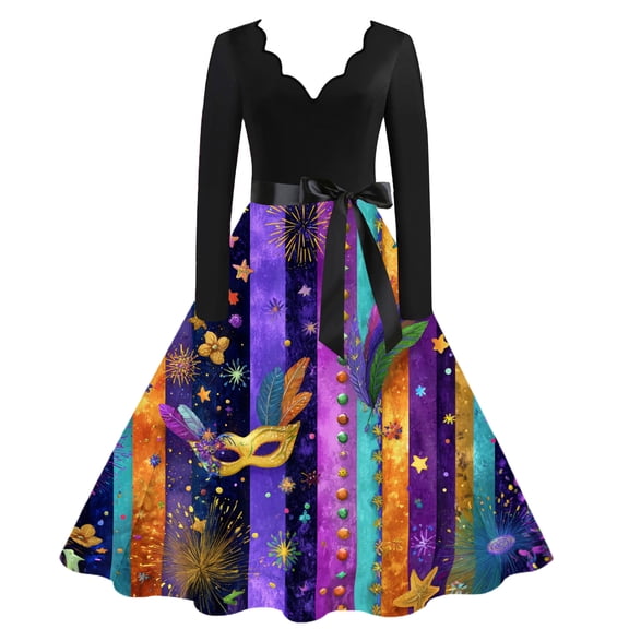 Hogleaql Womens Mardi Gras Dress Vintage V-Neck Long Sleeve A-Line Carnival Mask Graphic Midi Dress Swing Belted Soft Fashion Clothing Multicolor L