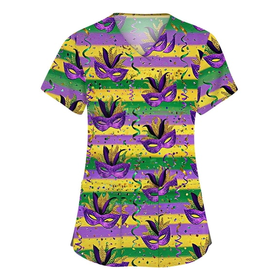 Hogleaql Womens Mardi Gras Scrub Top Short Sleeve Plus Size V Neck Casual Scrub Tops Carnival Mask Graphic Nurse Working Uniforms Dressy Tee Shirt 2 Pockets Light Purple M