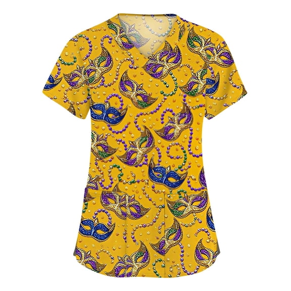 Hogleaql Womens Mardi Gras Scrub Top Short Sleeve Plus Size V Neck Casual Scrub Tops Carnival Mask Graphic Nursing Medical Uniform Dressy Tee Shirt 2 Pockets Orange L