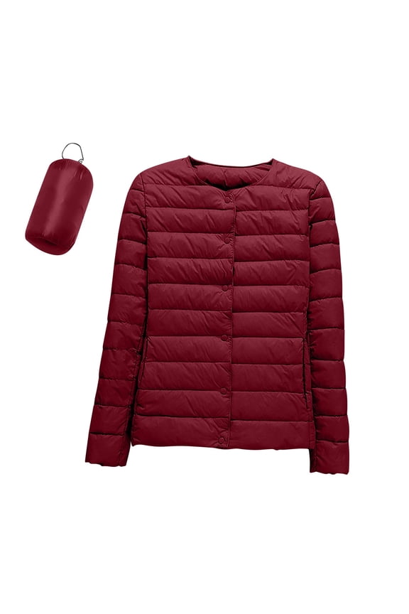 Womens Plus Size Lightweight Puffer Jacket, Comfortable Long Sleeve Button dowm Without Collar Quilted Coat Insulated Windbreaker Puffer Jacket with Pockets Winter Outerwear Wine 3XL