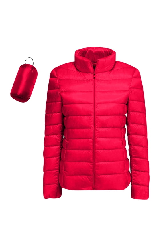 Womens Plus Size Lightweight Puffer Jacket, Comfortable Long Sleeve Full Zip Stand Collar Quilted Coat Insulated Windbreaker Ultra Light Puffy Jacket with Pockets Winter Outerwear Red 2XL