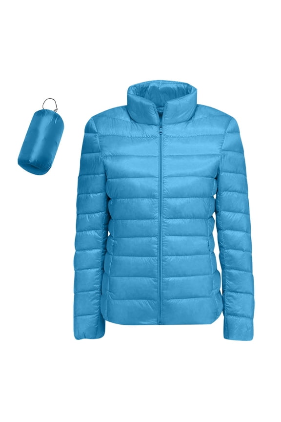 Womens Plus Size Lightweight Puffer Jacket, Cozy Long Sleeve Full Zip Stand Collar Quilted Coat Thermal Windbreaker Puffy Jacket with Pockets Fall Winter Outerwear Blue XL